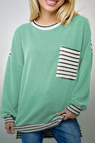 Sea Green Twisted Ribbed Contrast Round Neck Striped Patchwork Long Sleeve Top Long Sleeve Tops 0ce10f16199f8270