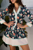 Blue Floral Print Striped Trim V Neck Long Sleeve Ruffle Hem Shift Mini Dress Floral Dresses 0d129692e28c230f