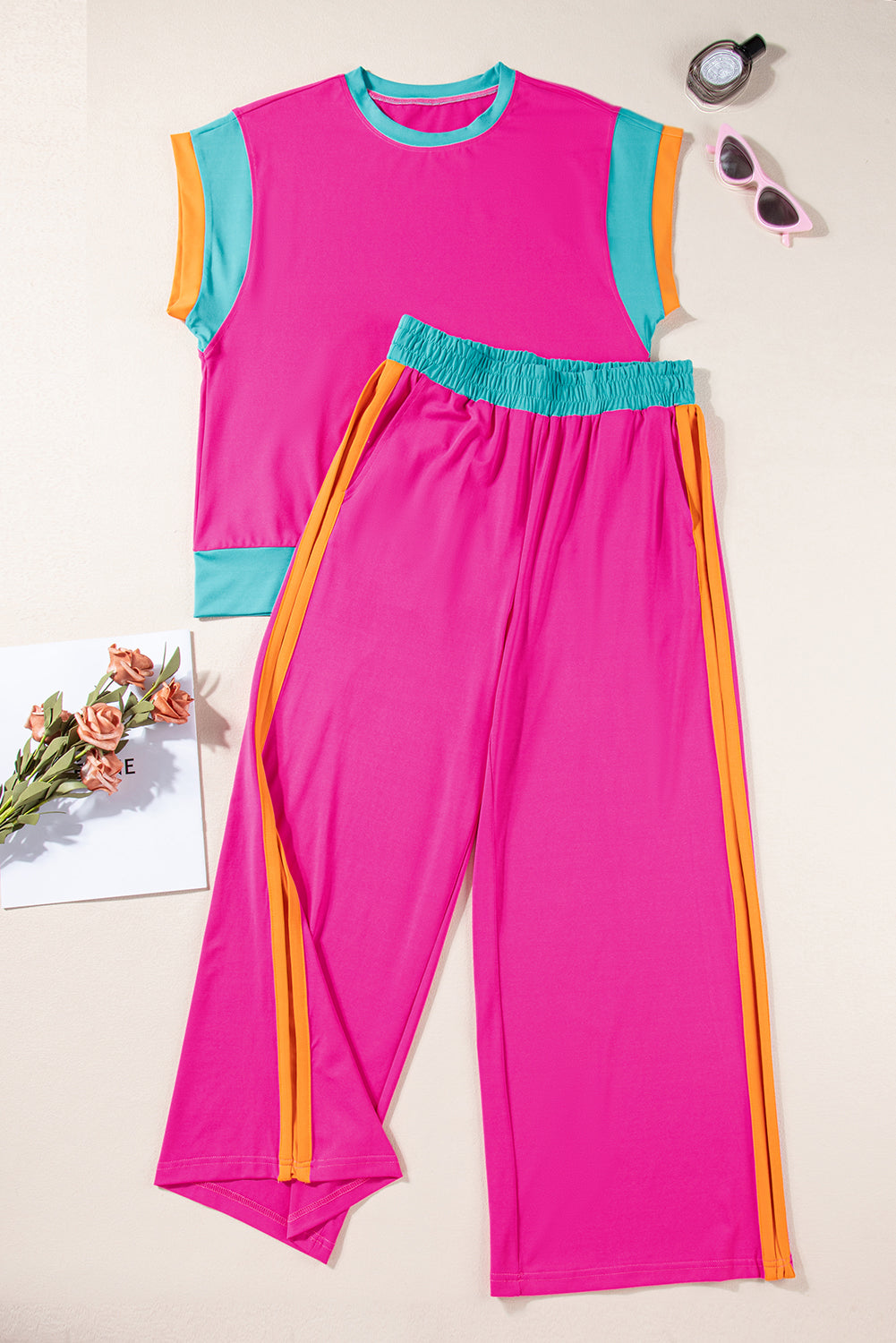 Strawberry Pink Colorblock Cap Sleeve Tee and Wide Leg Pants Set Two Piece Pants Sets 0d1e54af3dfed487