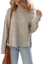 Gray Morn Waffle Knit Ribbed High Neck Drop Shoulder Sweater Sweaters 0d3b86d2d4213235