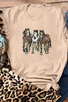 Khaki Sequin Horses Patched Casual Crewneck T Shirt Graphic Tees 0d3d80b9993a3035