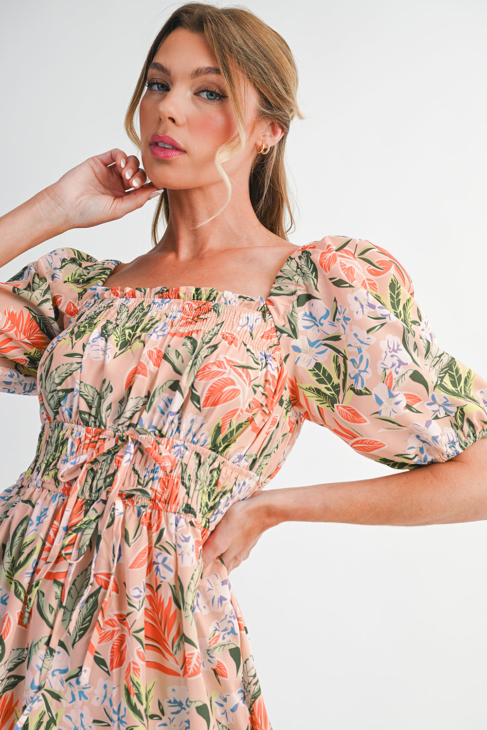 Apricot Pink Floral Knot Front Smocked Bubble Sleeve Dress Midi Dresses 0d43ec5d22086ede