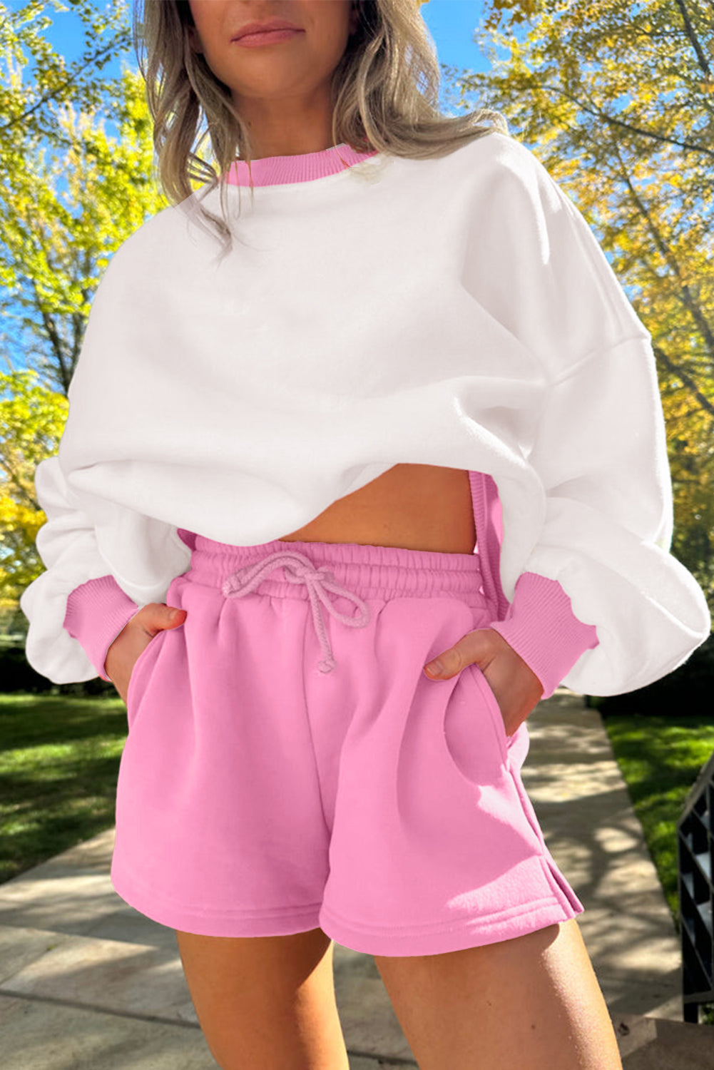 Strawberry Pink Colorblock Pullover and Drawstring Shorts Set Two Piece Shorts Sets 0d71c47b64764444