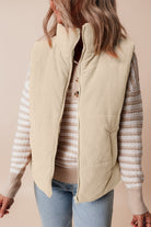 Beige Corduroy Stand Neck Zipped Puffer Vest Vests 0d7245d30f946790