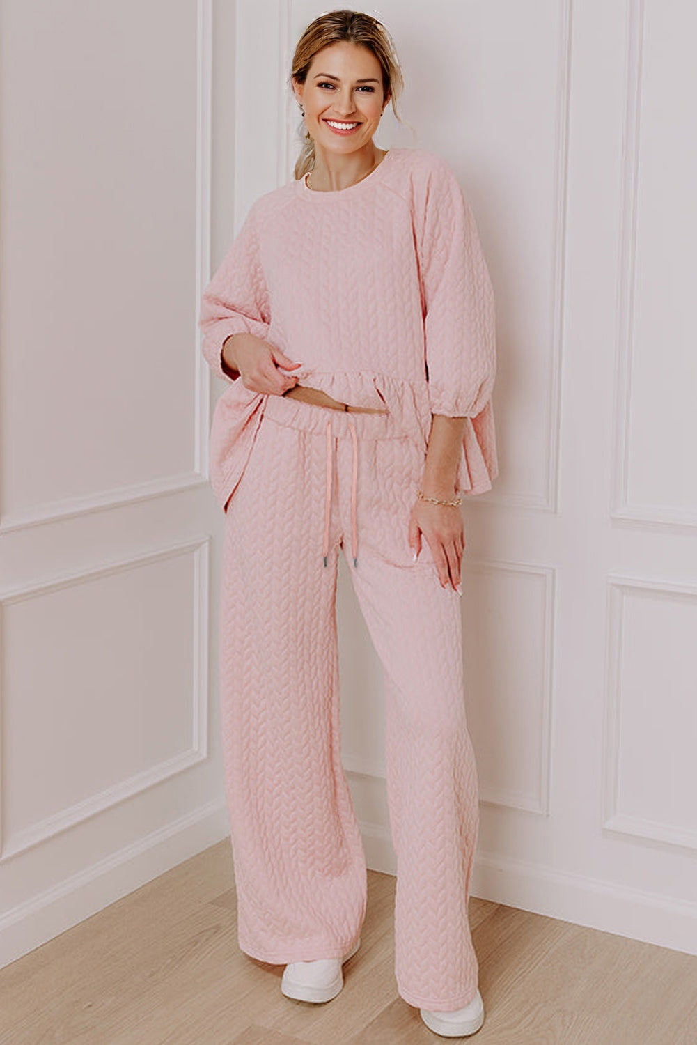 Delicacy Braided Texture Ruffle Hem Top Drawstring Loose Pants Set Two Piece Pants Sets 0d7591b3242480b1