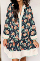 Blue Floral Print Striped Trim V Neck Long Sleeve Ruffle Hem Shift Mini Dress Floral Dresses 0db352a4b5c0507e