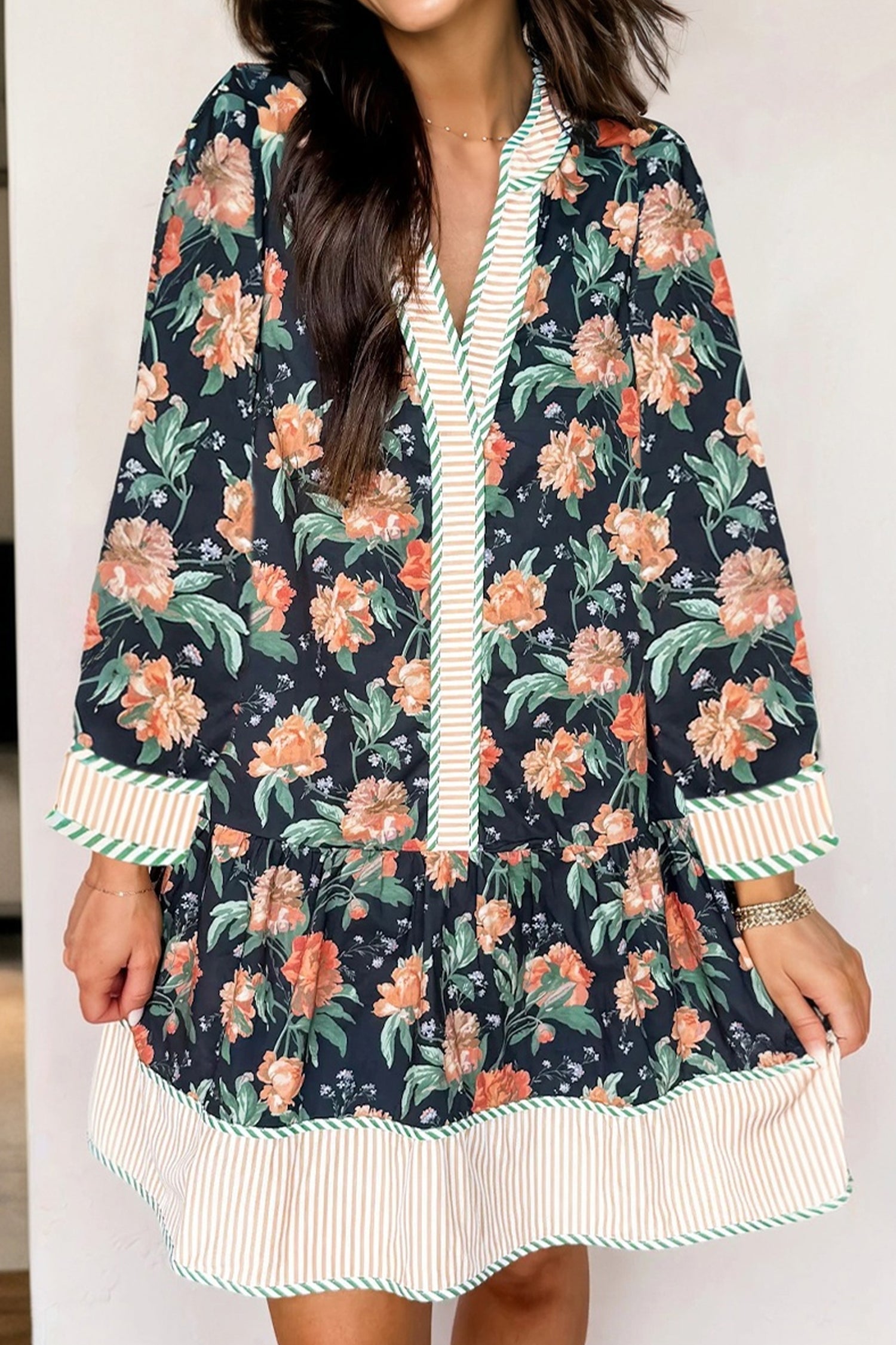 Blue Floral Print Striped Trim V Neck Long Sleeve Ruffle Hem Shift Mini Dress Floral Dresses 0db352a4b5c0507e