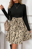 Black Ribbed Knit Patchwork Abstract Print Belted Short Dress Short Dresses 0dd80838bc497d8a