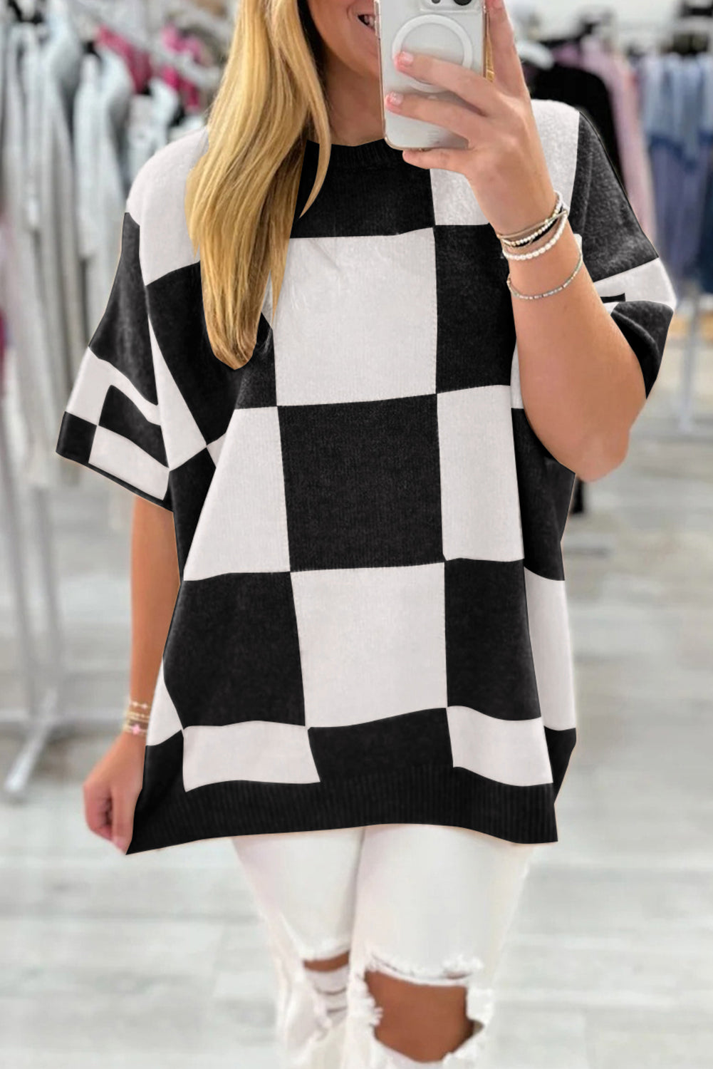 Black Checkered Pattern Loose Short Sleeve Sweater Short Sleeve Sweater 0e1c7b85f9171f79