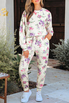 Apricot Floral Print Pullover Drawstring Lounge Pants Set Loungewear Set 0e511a897b4f32ce