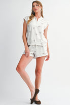 Beige Bow Print Half Zip Tank Top and Shorts Set Two Piece Shorts Sets 0e5a963d27473ae8