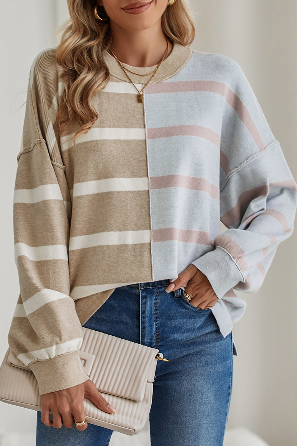 Blue Stripe Exposed Seam Patchwork Loose Sweater Sweaters 0e6a72400a6e6bdc