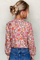 Pink Floral Print Tie Split Neck Bracelet Sleeve Blouse Blouses 0e6adae272872654