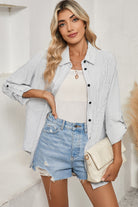 Black Stripe Roll-tab Sleeve Pocketed Tunic Shirt Shacket Long Sleeve Tops 0e855422351605ad