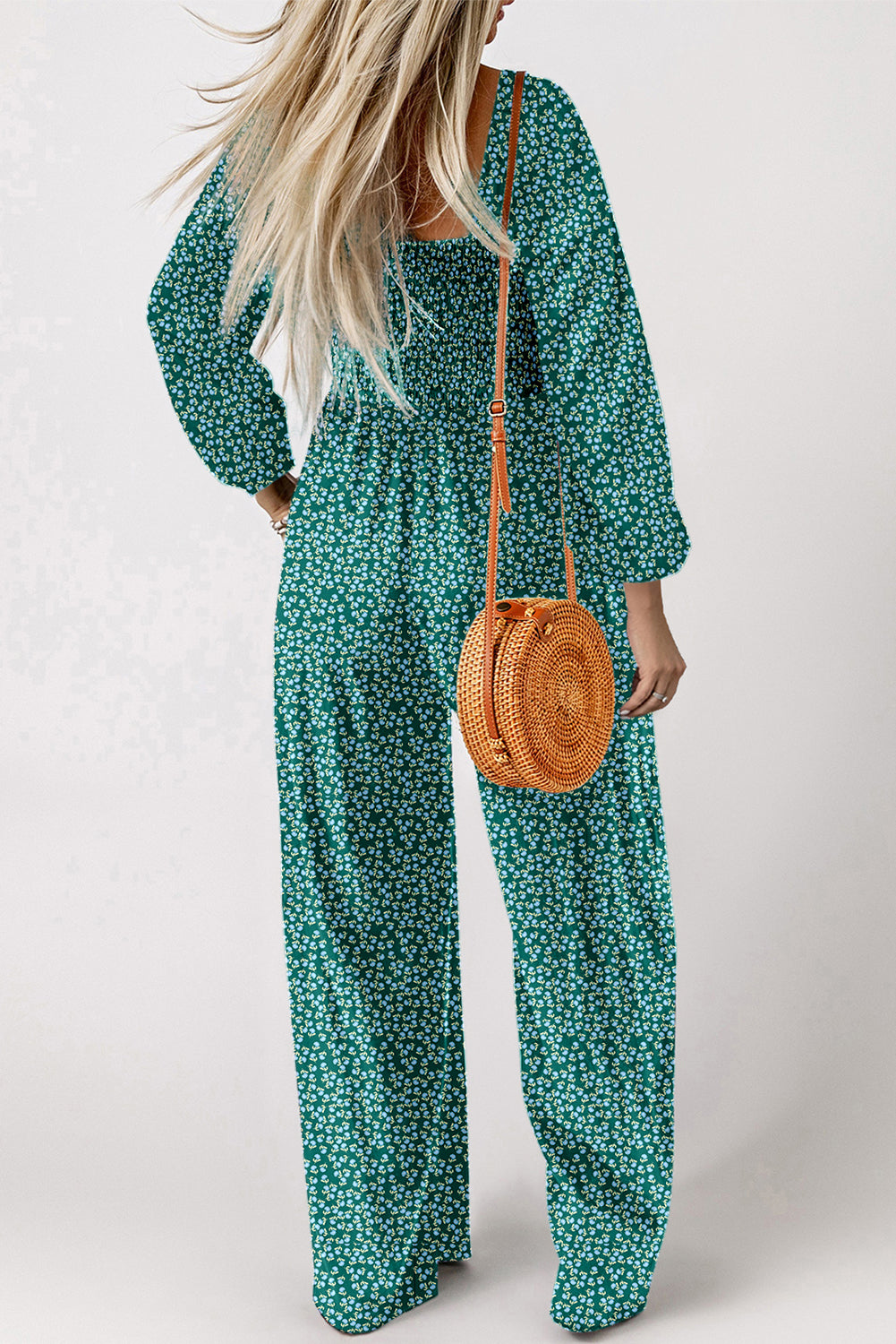 Green Floral Print Shirred Bodice Square Neck Wide Leg Jumpsuit Jumpsuits 0ead9647ad31b118