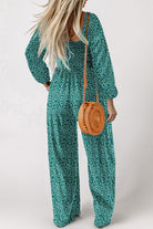 Green Floral Print Shirred Bodice Square Neck Wide Leg Jumpsuit Jumpsuits 0ead9647ad31b118