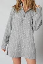 High-rise Quarter Zip Ribbed Trim Cable Knit Loose Sweater Dress Sweater Dresses 0ebf2426ccbd93be