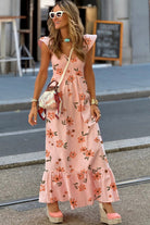 Pink Floral V Neck Smocked High Waist Ruffle Hem Maxi Dress Maxi Dresses 0ed9a028ea03716e