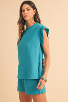 Skobeloff Textured Ruffle Split Top and Drawstring Shorts Set Two Piece Shorts Sets 0ee380f60db07404