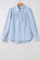 Sky Blue Striped Smocked Long Sleeve Quarter Button Shirt Blouses 0ef4dc3049a410d0