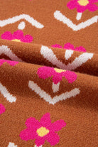 Brown Floral Pattern Short Puff Sleeve Sweater Short Sleeve Sweater 0efa7f3f82168ec5