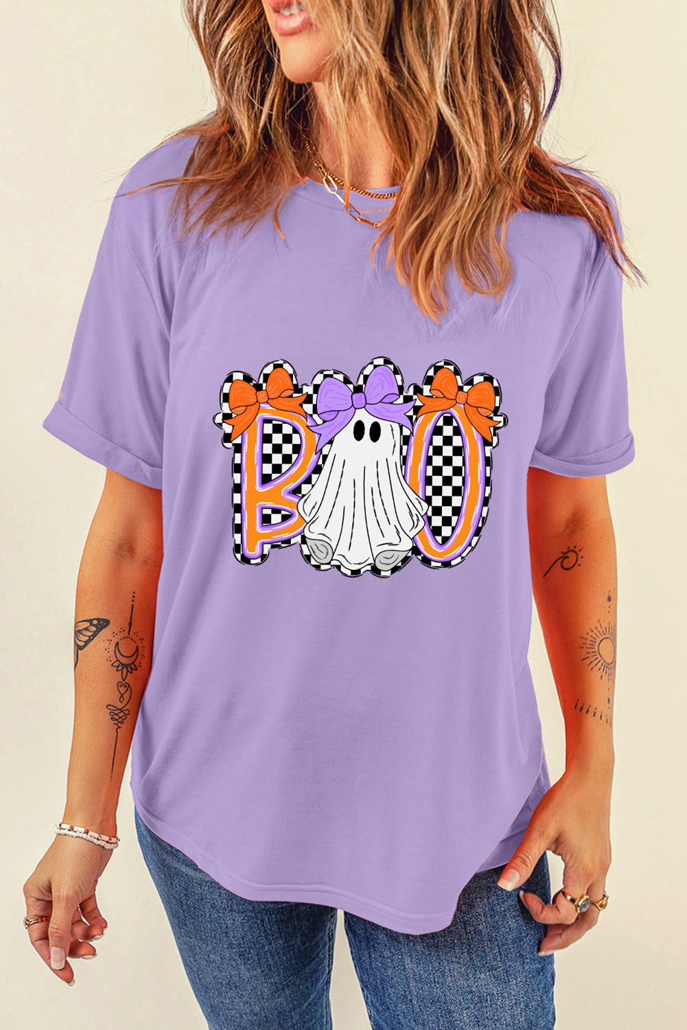 Wisteria Boo Checkered Ghost Heat Transfer Printing Crewneck Graphic Tee Graphic Tees 0f1102db485e44c3
