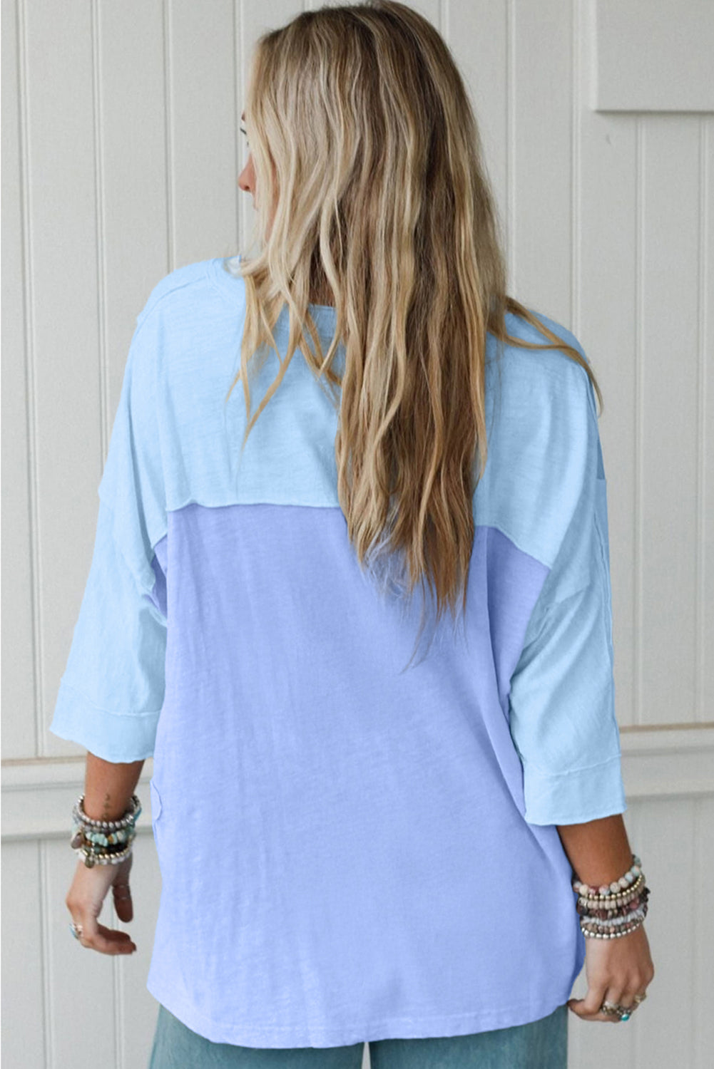 Light Blue Flower Patched Exposed Seam 3/4 Sleeve top Long Sleeve Tops 0f6c01a7a0342913