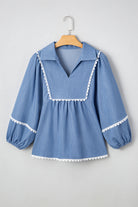 Dusk Blue Scallop Trim Puff Sleeve Collared Babydoll Blouse Blouses 0f78b674eed81e38