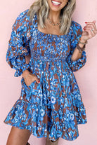 Blue Smocked Bodice High Waist Ruffled Sleeve Floral Dress Short Dresses 0f8727a0bbf4e210