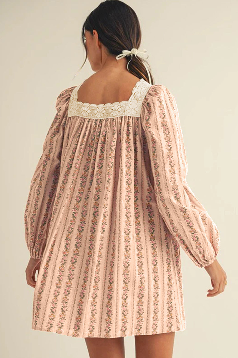 Khaki Velvet Bow Front Floral Print Long Sleeve Short Dress Short Dresses 0f912924ea9ec000