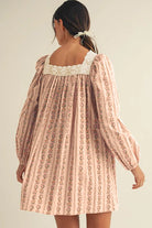 Khaki Velvet Bow Front Floral Print Long Sleeve Short Dress Short Dresses 0f912924ea9ec000