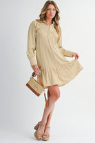 Brown Striped Shirt Collar Ruffle Hem Long Sleeve Dress Short Dresses 0fda6751639d2a57
