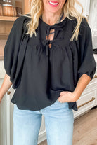 Black Bow Tie Neck 3/4 Sleeve Casual Blouse Blouses 0fdbac5fe07c5b65