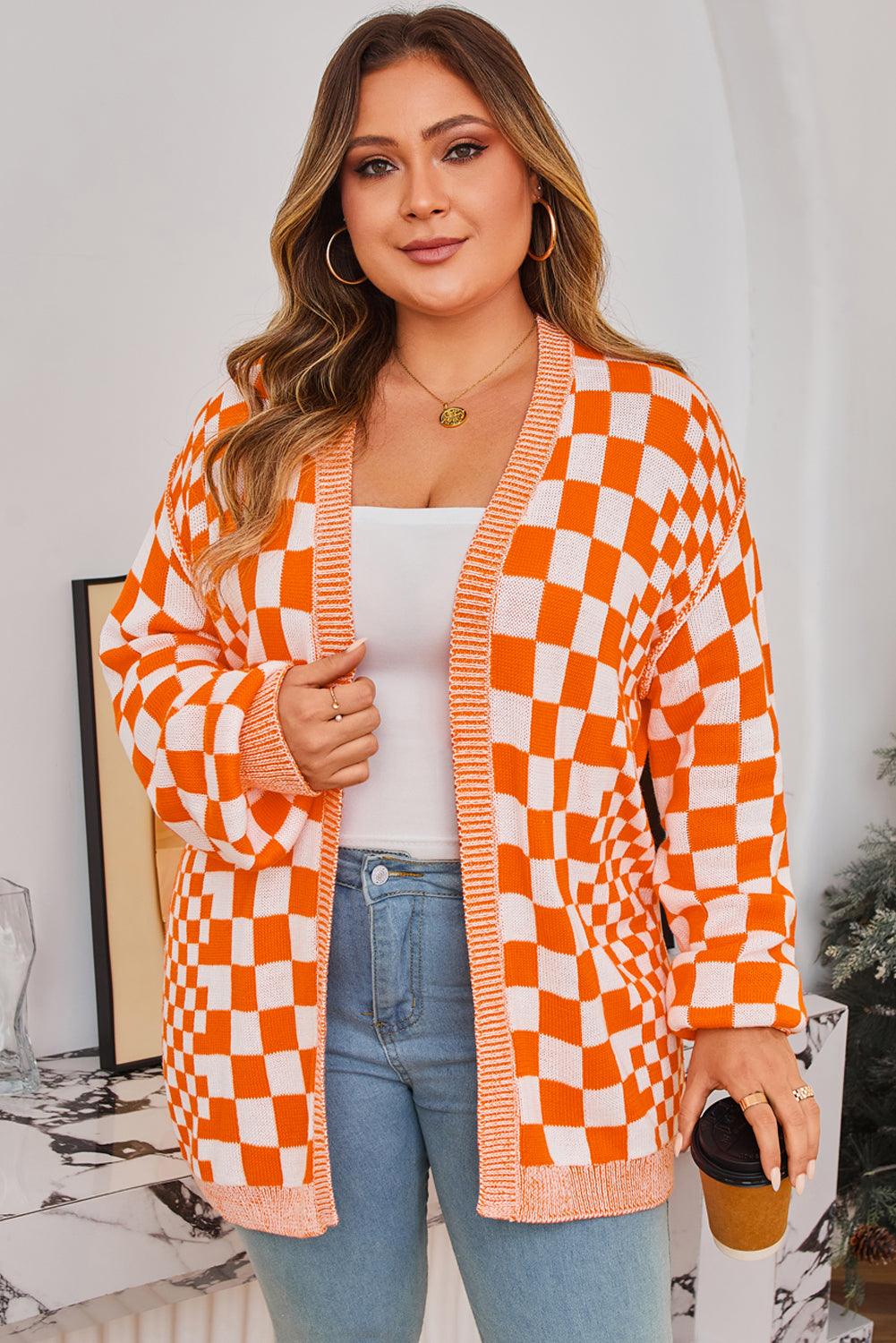 Orange Checkered Plus Size Drop Shoulder Knit Cardigan Plus Size Sweaters&Cardigans 101430367623cd3f
