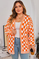 Orange Checkered Plus Size Drop Shoulder Knit Cardigan Plus Size Sweaters&Cardigans 101430367623cd3f