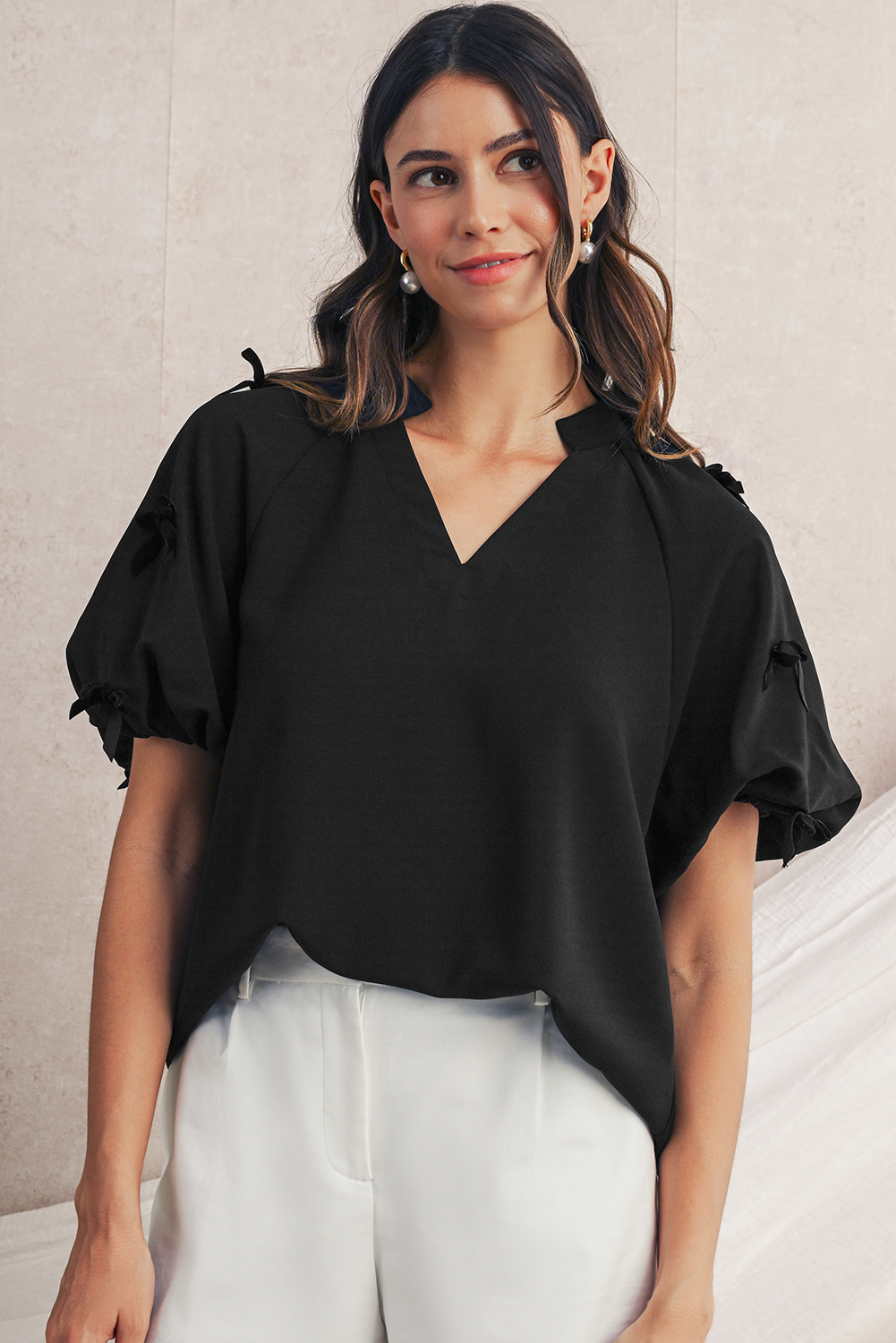 Black V Neck Bow Detail Puff Sleeve Blouse Blouses 10172c250efaee91