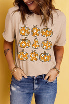 Khaki Fall Floral Pumpkin Heat Transfer Printing Casual Graphic T Shirt Graphic Tees 1046389e7e80c563