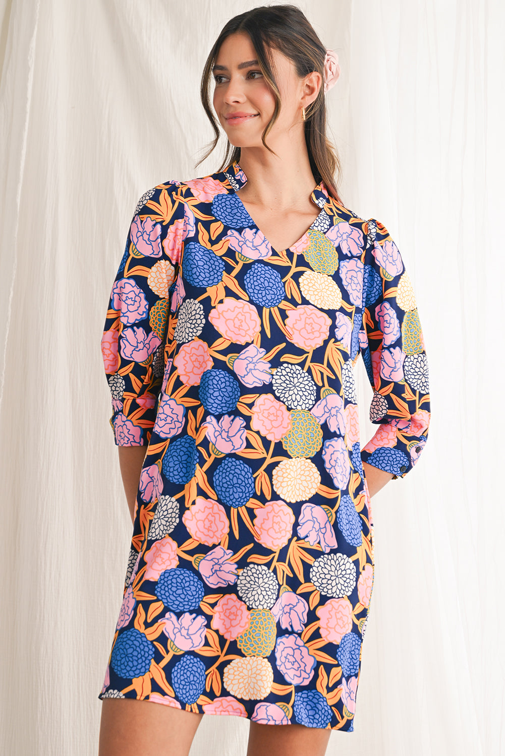 Navy Blue Hydrangea Floral V Neck Puff Sleeve Dress Short Dresses 109075ac90ad7656