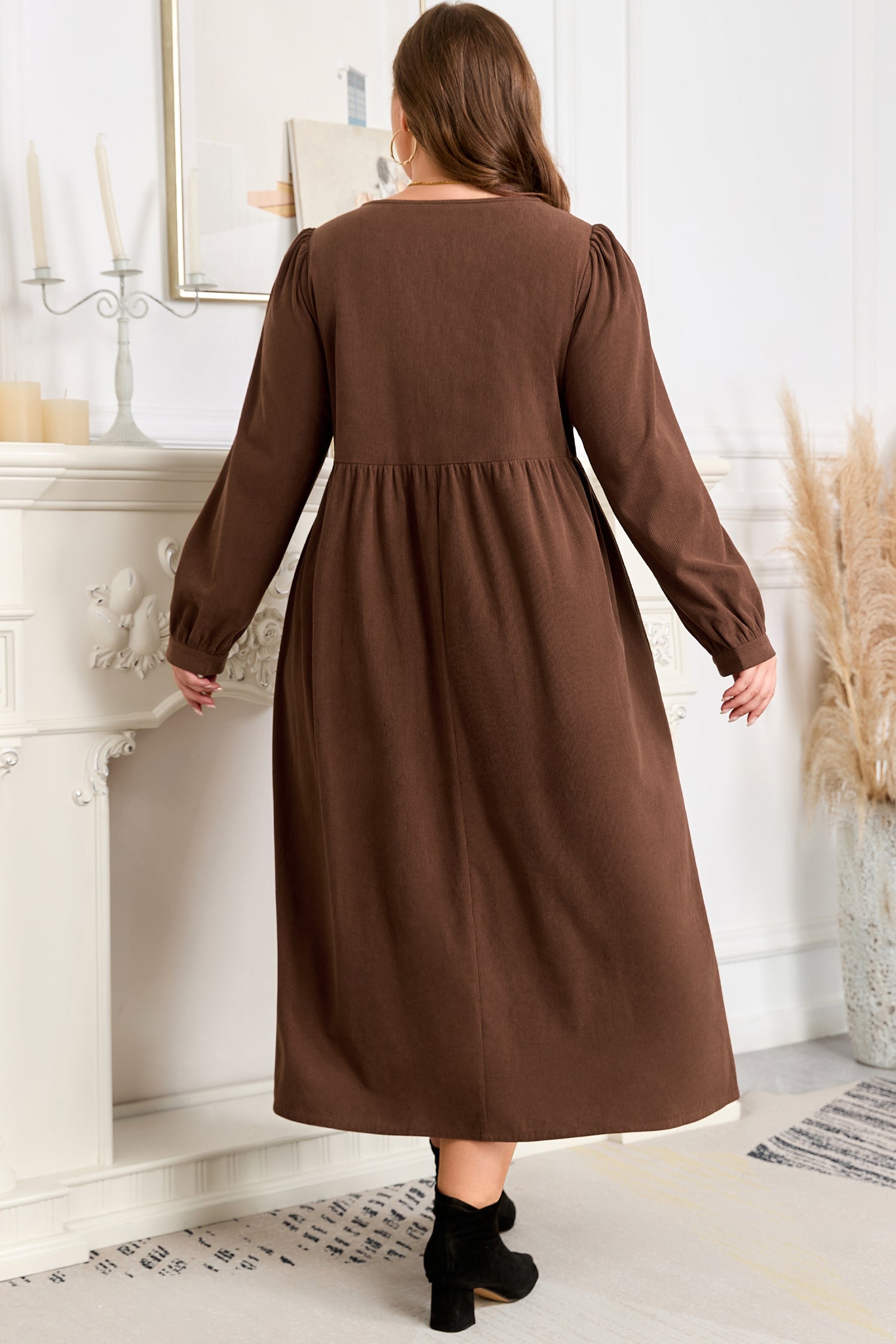 Coffee Embroidered Notched Neckline Textured Pleated High Waist Plus Size Midi Dress Plus Size Midi Dresses 109d8945ec5704ac