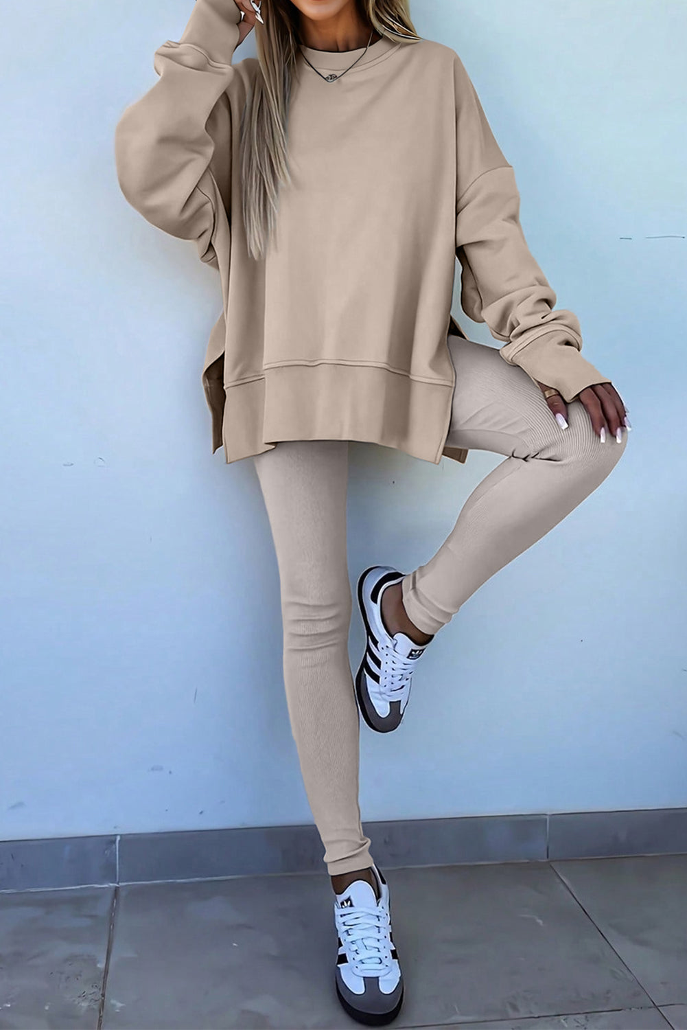 Green Bay Solid Color Oversize Slit Sweatshirt Ribbed Leggings Set Two Piece Pants Sets 10d1584433dfddd4