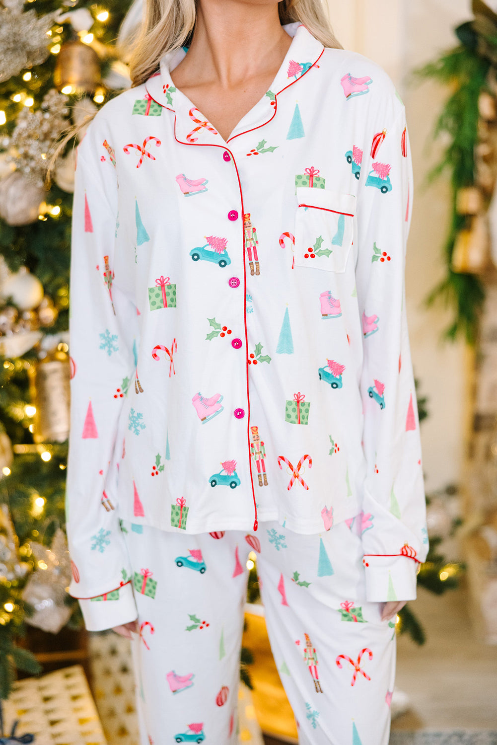 White Christmas Print Lapel Shirt and Pants Pajama Set Loungewear Set 10e4d1e9949cc9da