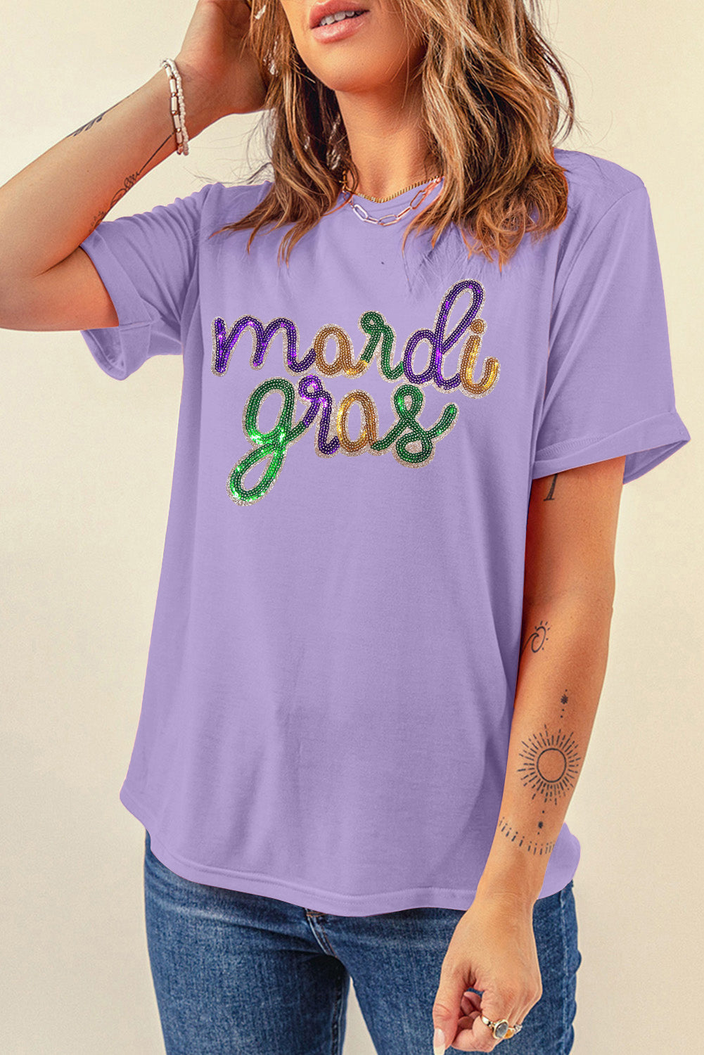 Wisteria Sequin mardi gras Letter Print Crewneck Tee Graphic Tees 10ed6b626eec0e25