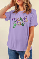 Wisteria Sequin mardi gras Letter Print Crewneck Tee Graphic Tees 10ed6b626eec0e25