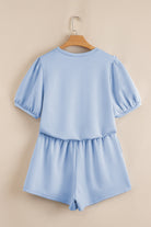 Beau Blue Puff Sleeve Pearl Embellished Scallop Hem 2-Piece Shorts Set Two Piece Shorts Sets 111bba227cbfc0e3