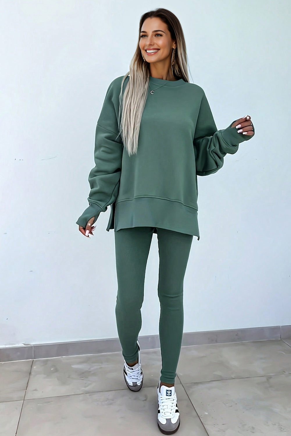 Green Bay Solid Color Oversize Slit Sweatshirt Ribbed Leggings Set Two Piece Pants Sets 11337670e023d0e9