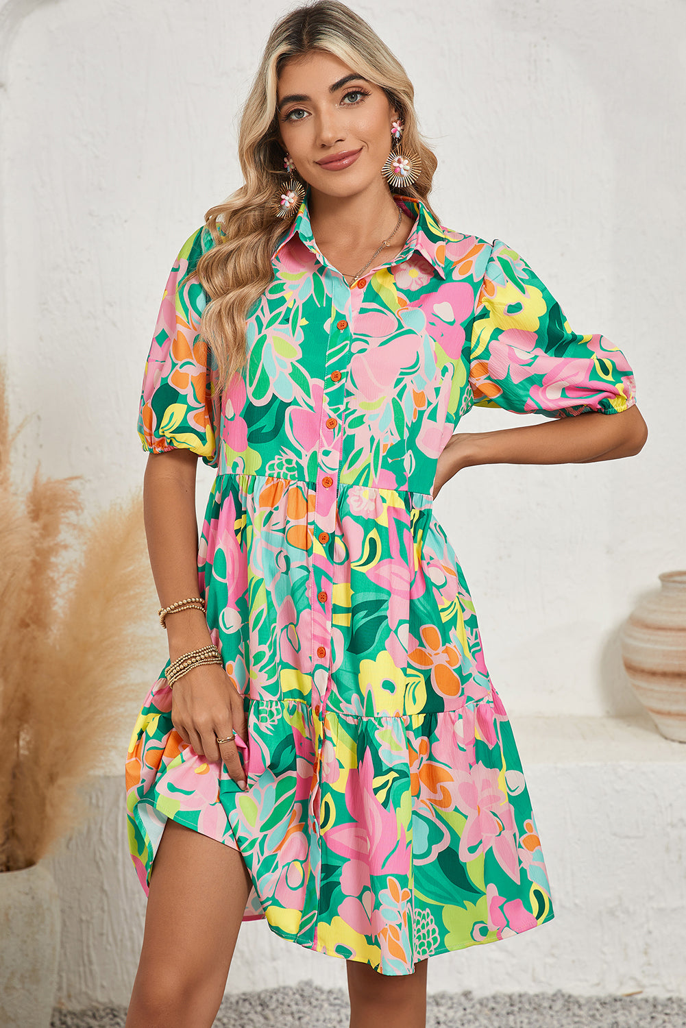 Green Floral Puff Sleeve Buttoned Babydoll Dress Short Dresses 119618283072a0fc