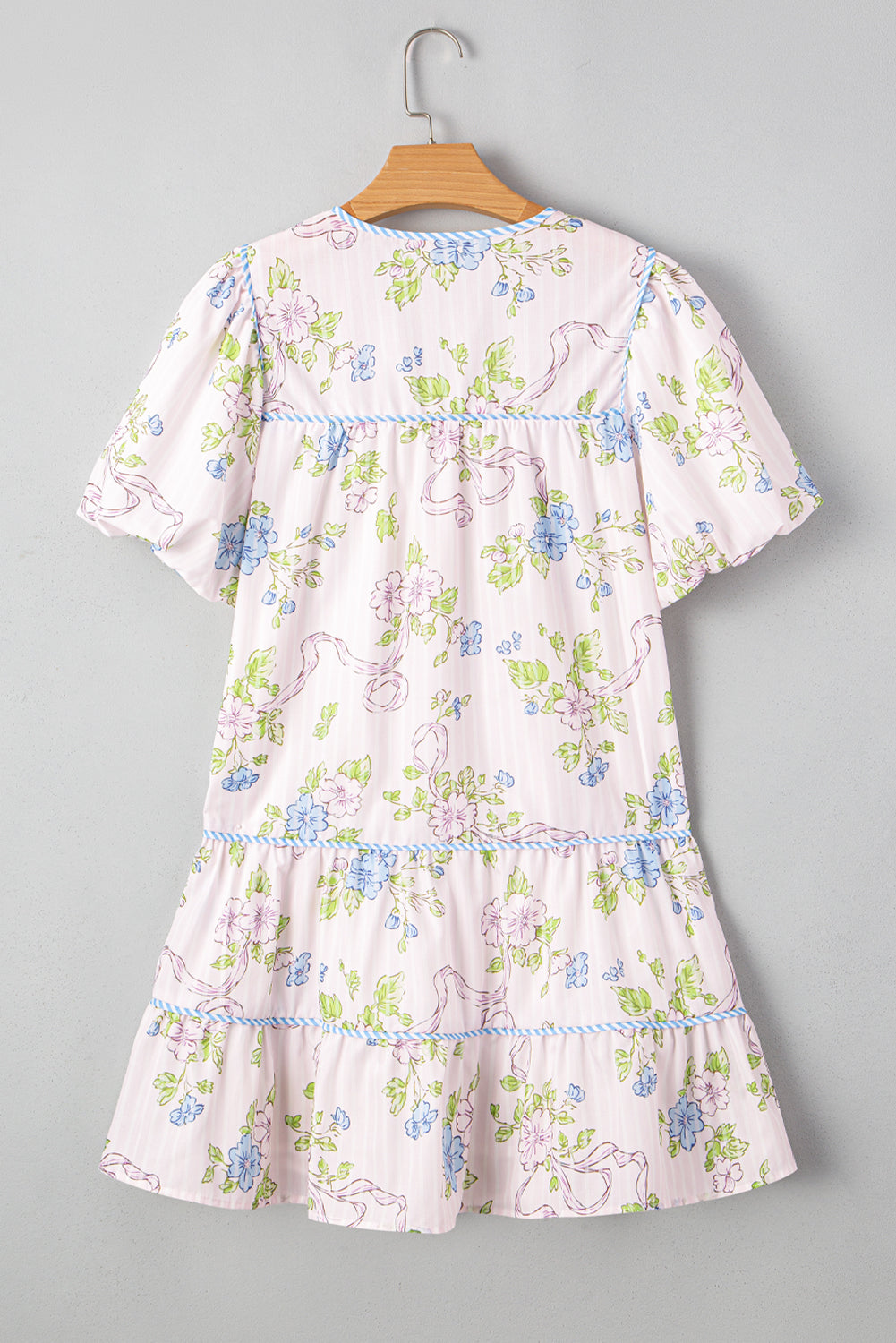 Pink Floral Striped Print Contrast Trim Tie Split Neck Mini Dress Short Dresses 11bd2e4034cf8bbd