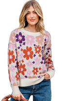 Khaki Vibrant Flower Round Neck Drop Sleeve Sweater Sweaters 11be6b75c642e751