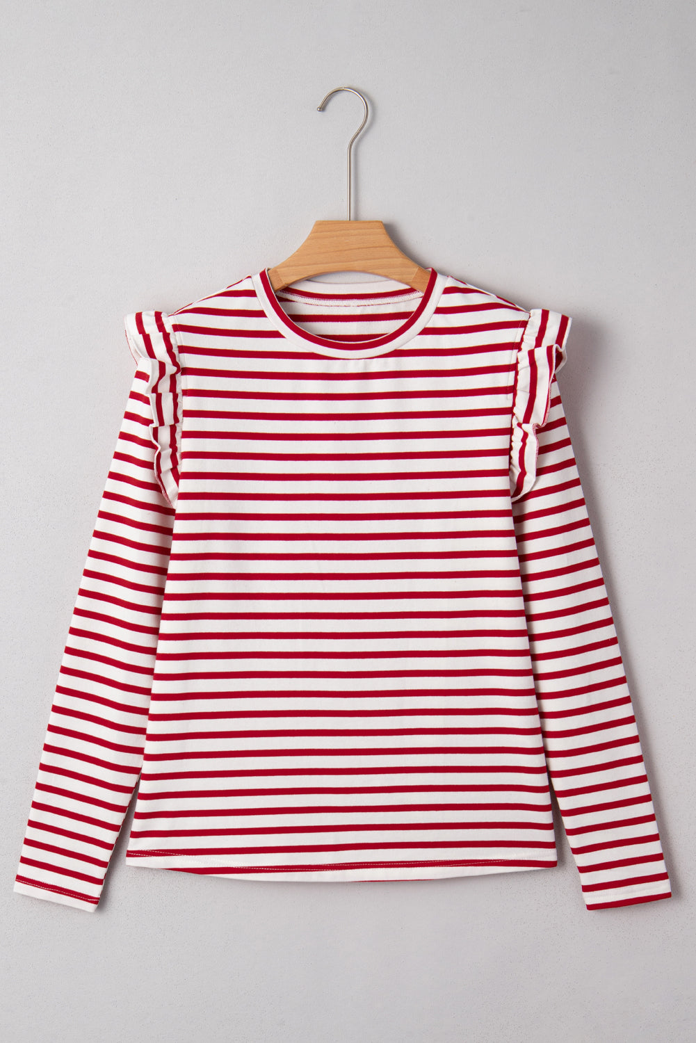 Red Striped Ruffle Shoulder Long Sleeve Top Long Sleeve Tops 11bf70d477a9cb5a