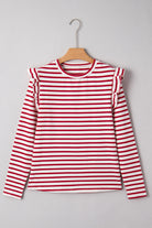 Red Striped Ruffle Shoulder Long Sleeve Top Long Sleeve Tops 11bf70d477a9cb5a